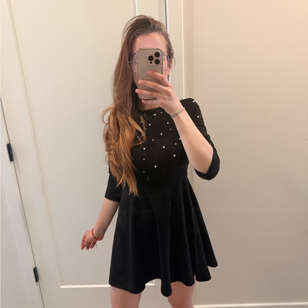 SHEIN Black A-Line Mini Dress with Pearl Embellishments